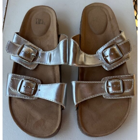Time & Tru Metallic Silver Sandals w/Tan Cork Bottom Women's Size 9 (READ) - Picture 3 of 12